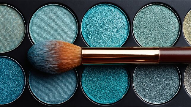 An array of teal and blue eyeshadow pigments with a makeup brush, showcasing beauty products and cosmetic artistry for professional use
