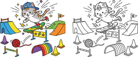 Cute Skateboard Cat in Skate Park with Yarn Obstacles Coloring Page Split View Vector Illustration © Mehrab