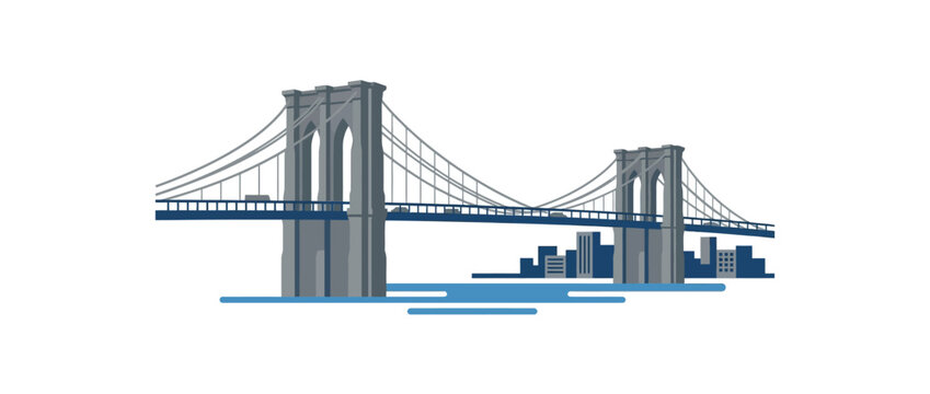 Brooklyn Bridge illustration with New York skyline and water, flat design