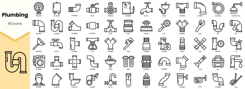 A collection of 60 plumbing icons showcasing various tools and components in a clean, minimalist style.