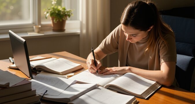 Student writes notes while studying at home during daytime

