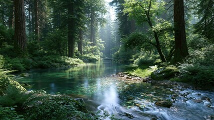Obraz premium Sunlight filters through trees in a quiet forest with a stream running gently in the background at morning time