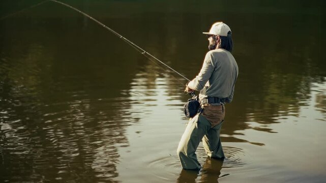 Fisherman Standing In Water Fishing With Spinning Rod On Calm Lake. Hobby Fishing 
