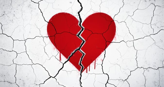 Broken red heart symbol on cracked white wall background. Symbol of lost love grief pain and relationship breakup. Sadness loneliness sorrow despair.
