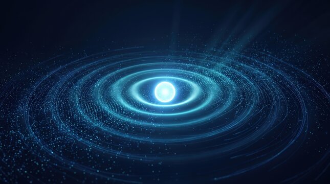 Glowing blue sphere surrounded by swirling light rings and drifting particles against dark cosmic background, creating futuristic abstract energy scene with luminous depth