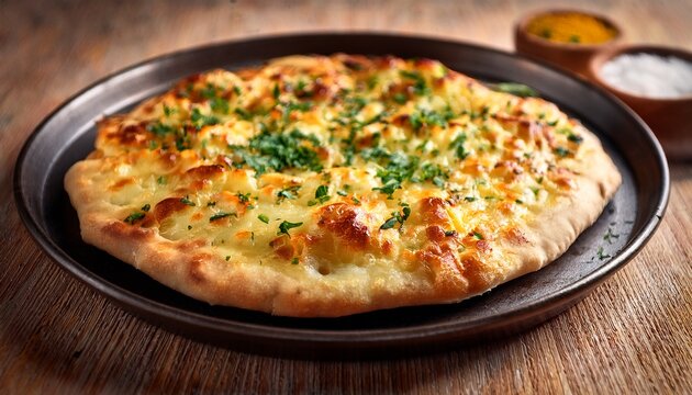 close up of freshly baked golden flatbread with melted cheese and herbs
