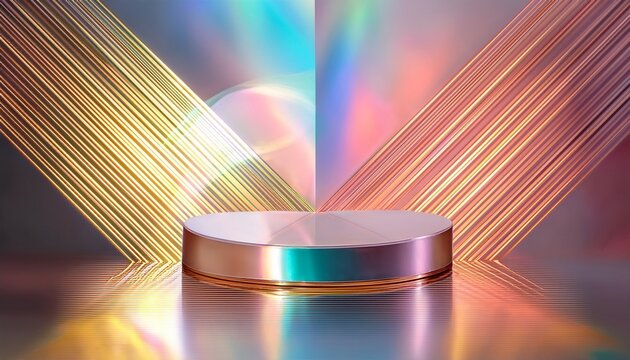 iridescent pearl glamour display an elegant scene featuring a pedestal showcasing a cosmetic product highlighted by soft golden geometric lines on a reflective surface