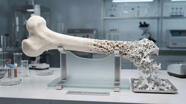 Conceptual 3D illustration of a human bone transitioning from healthy dense tissue to porous fragile structure due to osteoporosis in a laboratory background