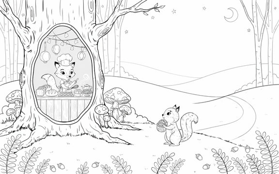 Black and white coloring page showing a fox chef cooking in a tree hollow kitchen, with a squirrel holding a basket in a forest landscape