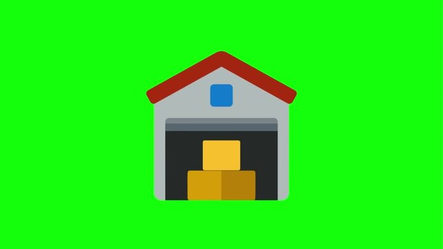 Garage icon animation. Flat graphic of a storage building on green screen background.