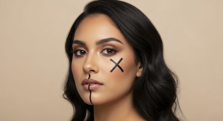 Fototapeta premium woman with black x mark and line face paint, minimal symbolic beauty portrait