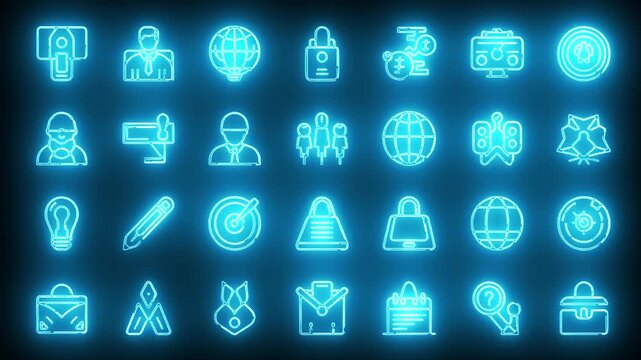 Collection of Business and Technology Neon Icons for Digital Applications