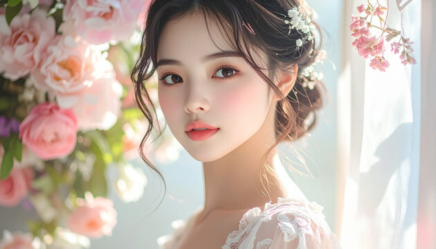 Beautiful young woman with flowers in hair and soft floral background
