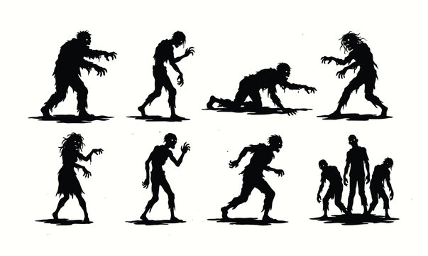 Creepy zombie silhouettes set with spooky monster characters vector illustration