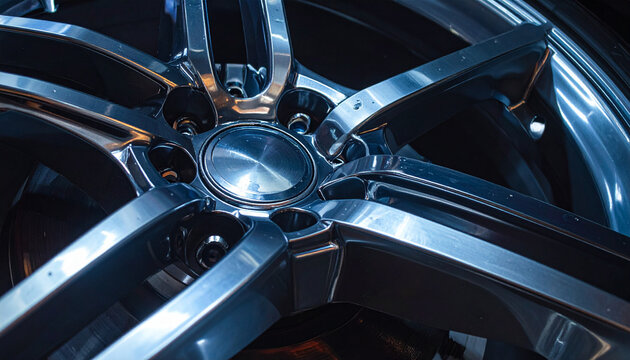 Close-up of a polished metallic car wheel with a star pattern
