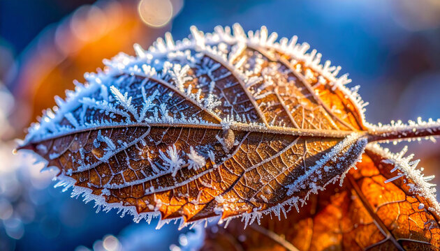 Close-up of frost on a dry autumn leaf in sunlight