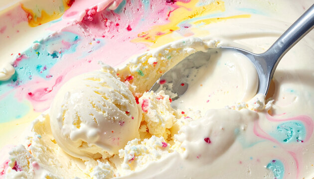Close-up of colorful swirl ice cream being scooped with a metal spoon