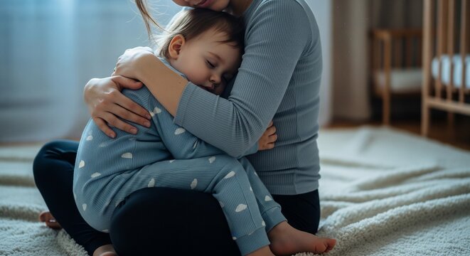 Loving mother hugging her sleeping toddler child wearing cloud-pattern blue pajamas at home on the floor.