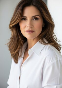 Portrait of a confident mature woman with wavy brown hair wearing a white button-down shirt looking at the camera.