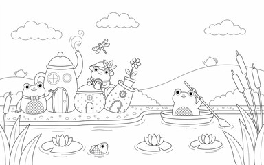 Obraz premium Cute black and white coloring page for children featuring anthropomorphic frogs living in teapot houses near a pond with water lilies