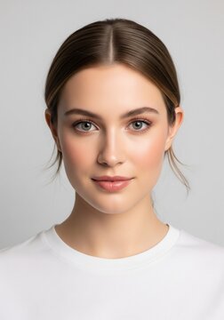Front view portrait of beautiful young woman with sleek hair