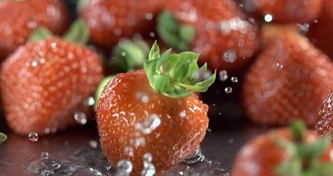 Strawberry falling among ripe strawberries with water splash on a black background in slow motion