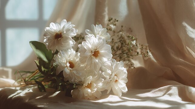 Soft sunlight illuminates a delicate bouquet of white daisies and baby's breath arranged on a draped linen cloth near a window, creating a serene, vintage aesthetic