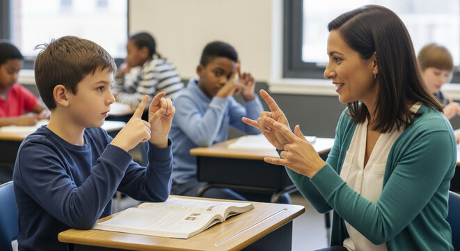 Female teacher and young male student communicating using sign language in a diverse classroom setting.