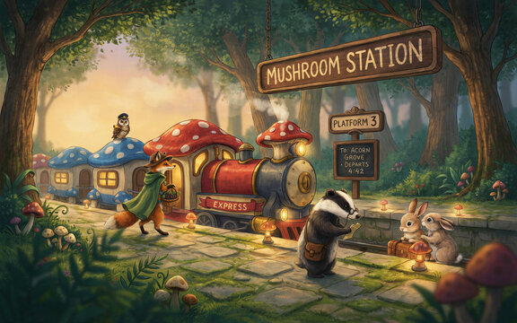 Forest scene at mushroom station with animal characters boarding a mushroom themed train under glowing lanterns and lush trees
