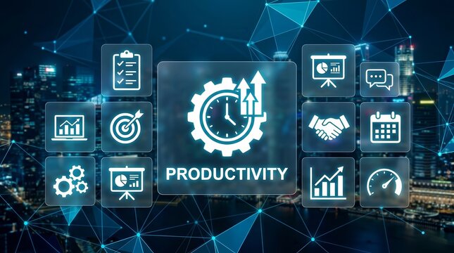 Digital icons and business metrics create an engaging visual representation of productivity, growth, and efficiency in a modern workplace.