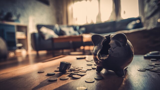 Broken piggy bank sits on a wooden table with scattered coins around in a living room during the afternoon