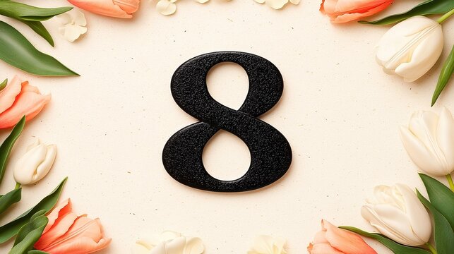 A decorative number 8 surrounded by soft pink and white tulips, set against a light background, Ideal for invitations, birthday celebrations, or anniversary themes,