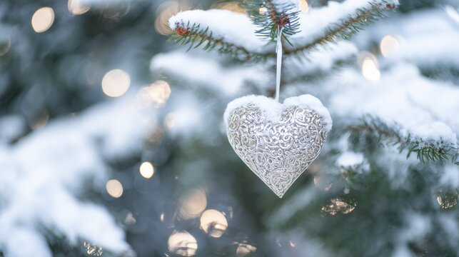 Winter decoration on a snow-covered tree with lights and a heart-shaped ornament hanging in focus