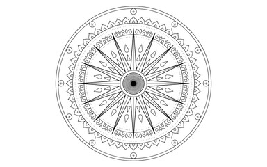 Naklejka premium Intricate circular mandala pattern with geometric sunburst rays and decorative floral black and white line for coloring