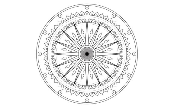 Intricate circular mandala pattern with geometric sunburst rays and decorative floral black and white line for coloring