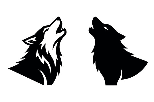 Two stylized black and white wolf heads facing upward in a howling position isolated on white background