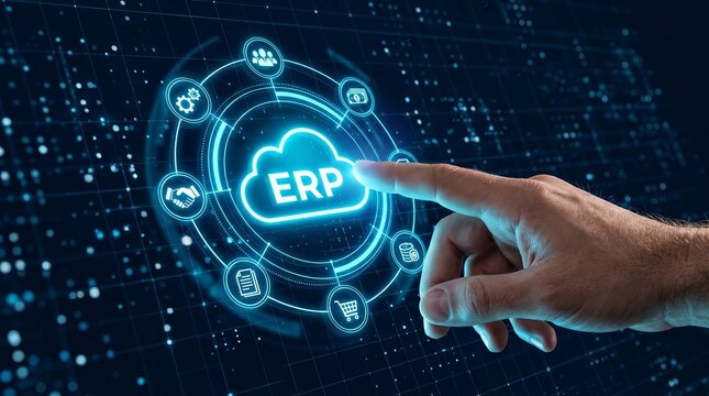 Futuristic background for enterprise management concept featuring a hand interacting with ERP cloud interface digital business icons.