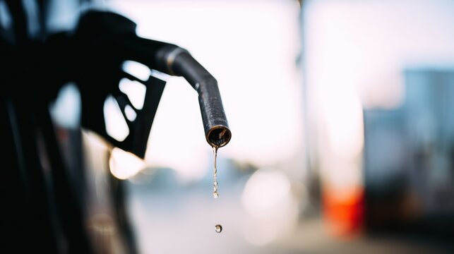 Fuel dripping from a gas pump nozzle at a fueling station during the evening