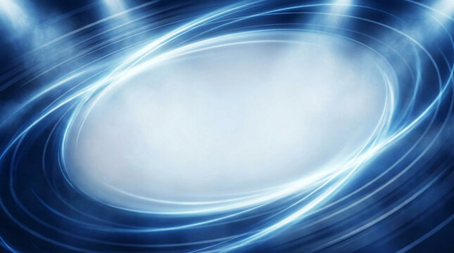 Abstract blue glowing light trails background with copy space.