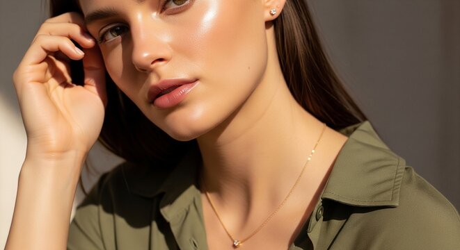 Close-up portrait of a young woman with natural glowing skin touching her cheek in warm sunlight, wearing a green shirt and gold necklace.