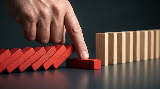 Hand intervening to stop falling red dominoes for risk management and control.