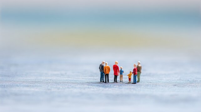 Miniature figures gather together on a flat surface in a simple outdoor setting on a clear day