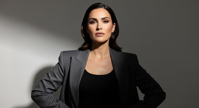 Elegant brunette woman posing in a dark grey tailored jacket against a minimalist background with hard shadows.