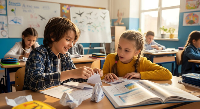 Two happy primary school children interacting and learning together in a bright classroom.
