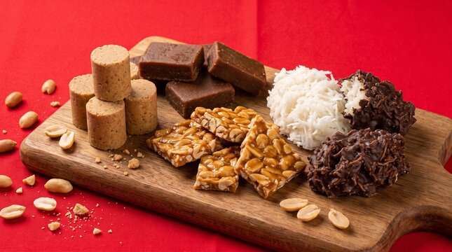 Assortment of Brazilian Festa Junina Sweets on Wooden Board