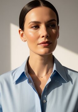 Close-up portrait of a elegant young woman with sleek dark hair tucked back, wearing a light blue dress shirt under warm sunlight.
