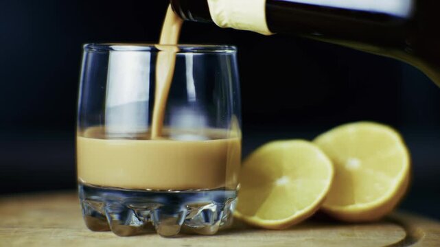 Pouring Cream Liqueur From Bottle Into Glass. Cocktail Preparation. Creamy Alcohol Beverage