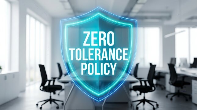 A zero tolerance policy shown on a glowing blue digital shield within a modern office workplace.