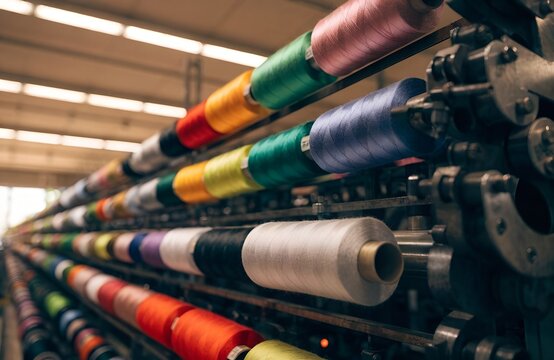 Colorful thread spools on textile factory machines