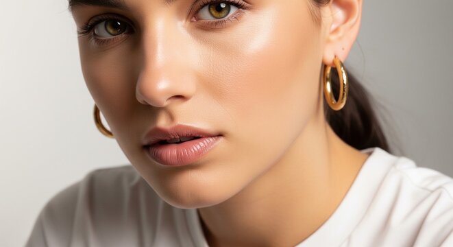 Close-up portrait of a beautiful young woman wearing gold thick hoop earrings and a white t-shirt, looking directly at the camera with natural makeup.